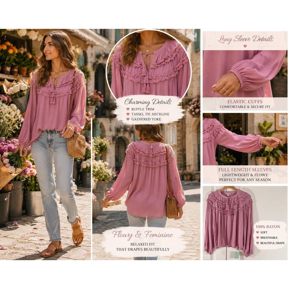 New Ryegrass Women Blouse M Pink Ruffle Peasant  Boho Cottageco Barbiecore Top